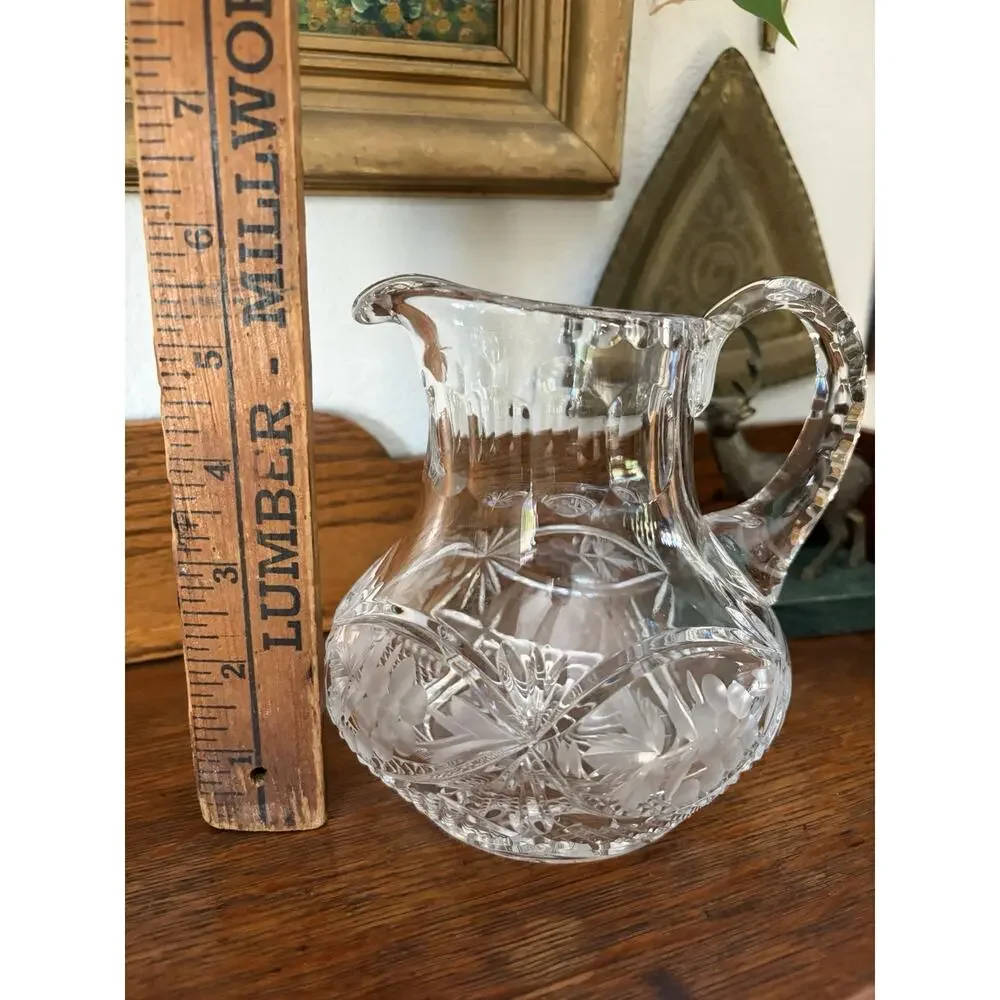 Vintage Crystal Pitcher Vase American Brilliant Cut Glass Squat Pitcher EAPC